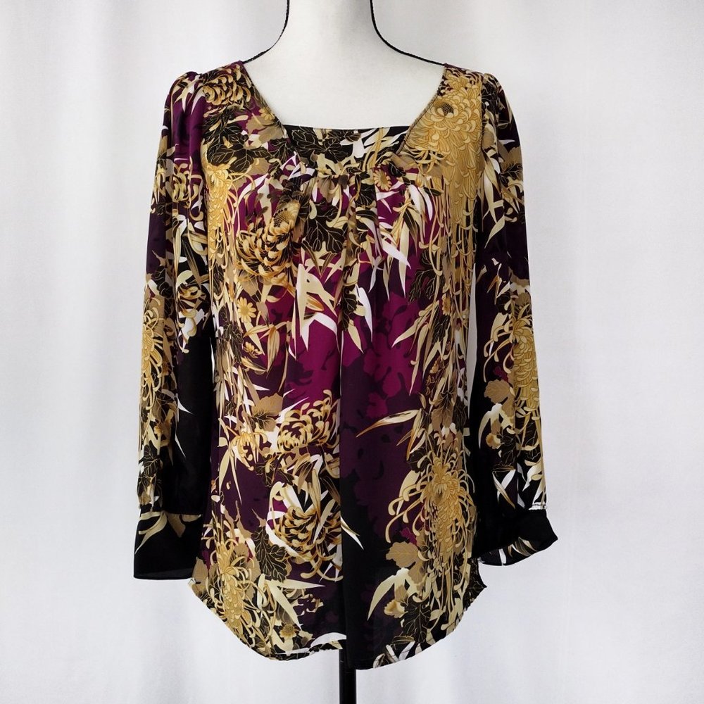 Tahari Purple and Gold Floral Print Oversized Fit Blouse Size M / L